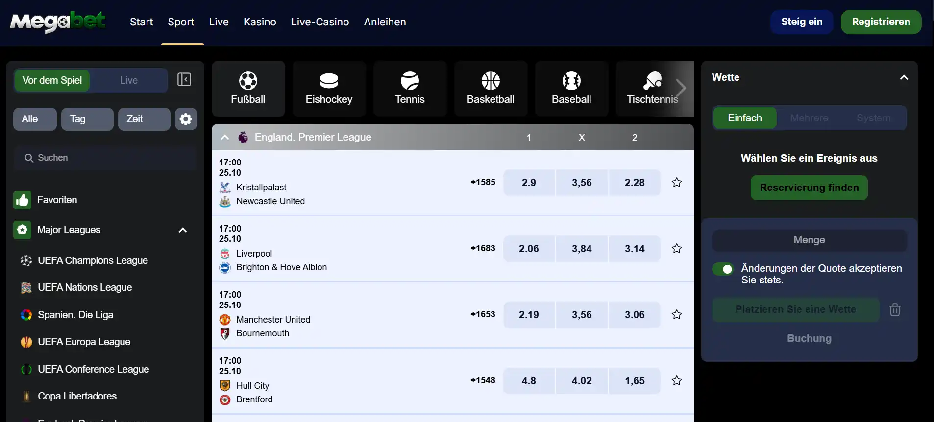 Sportangebot von MegaBet mit Sportarten und Ergebnisquoten