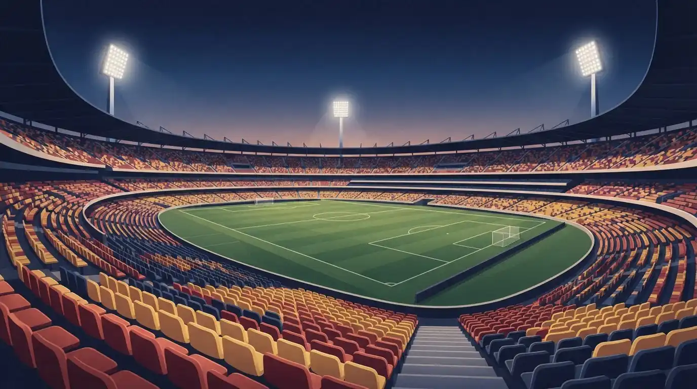 Fußballstadion unter Flutlicht vor dem Spiel