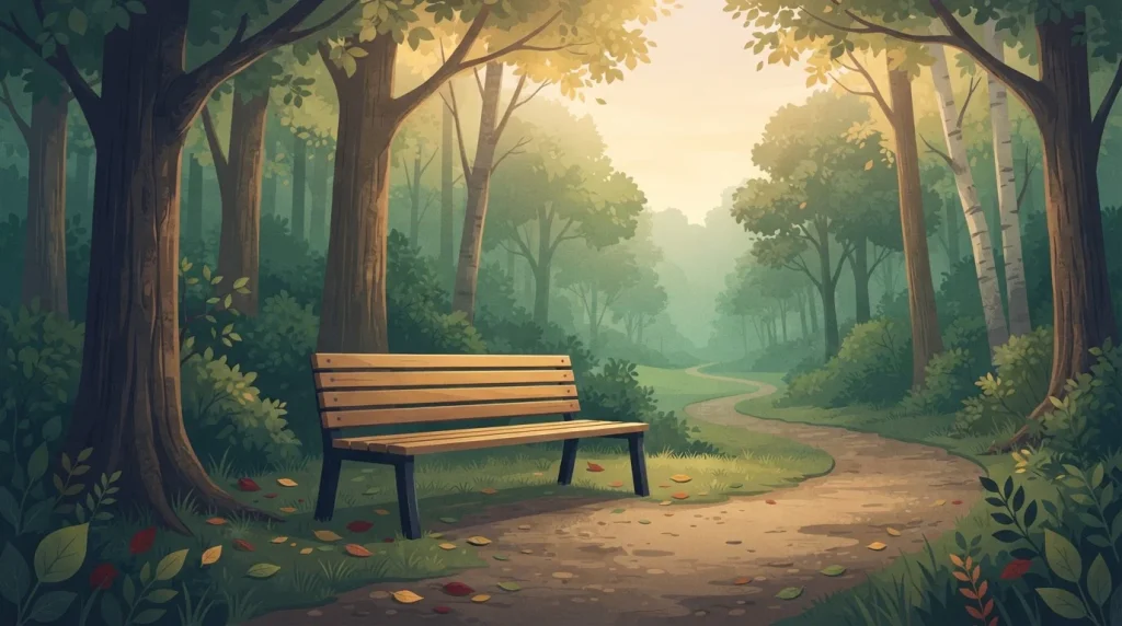 Sitzbank an einem schattigen Waldweg