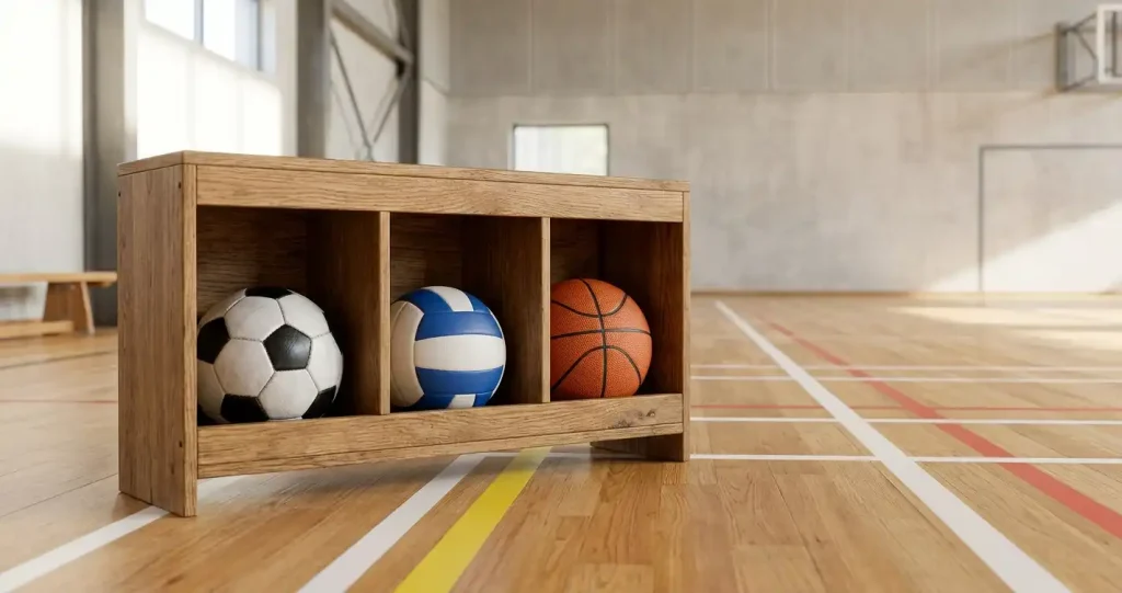 Gestell mit Bällen verschiedener Sportarten in einer Halle